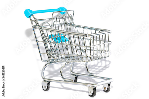 Blue shopping cart isolated on white background with copy space. concept of e-commerce and Internet shopping online.