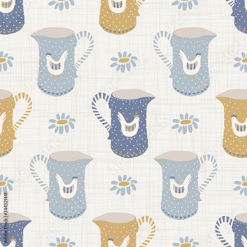 Seamless french farmhouse chicken milk jug pattern. Provence linen shabby chic style. Hand drawn rustic texture background. Country style wallpaper home deco swatch. Farm pitcher textile allover print