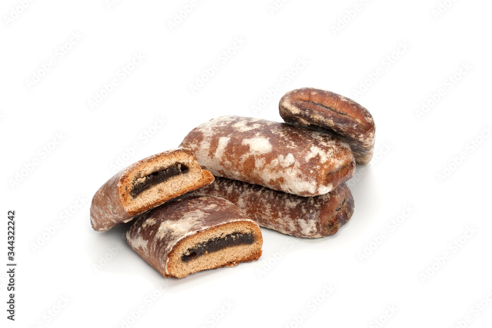 Gingerbread cookies with jam on a white background. Gingerbread cookies with jam on a white background.