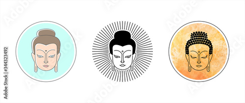 Buddha face, portrait, head vector line, outline illustration. Circle shape frame. Linear flat drawings set. Buddhist, indian, esoteric round design element, template for cards, logo, labels, tattoo.