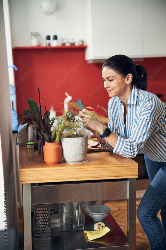 Pleasant lady spending time near plants indoors Pleasant lady spending time near plants indoors