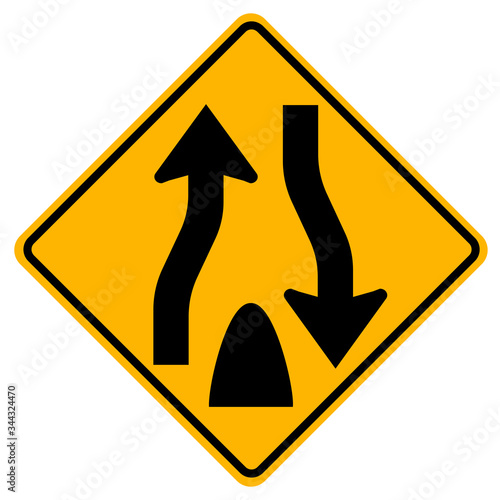Warning signs Divided road begins on white background