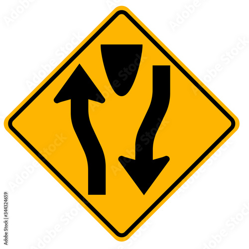 Warning signs Divided road begins on white background