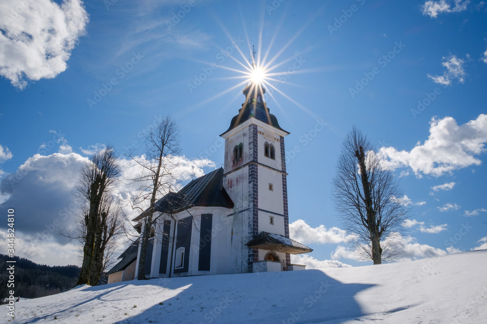 Church on the top of Bukov vrh hill in winter