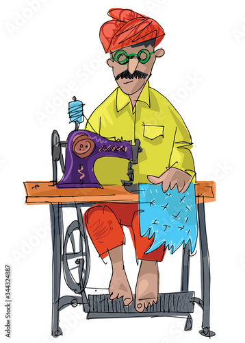 An indian street tailor sews with pedal machine at his work stall. Caricature. Sketch.
