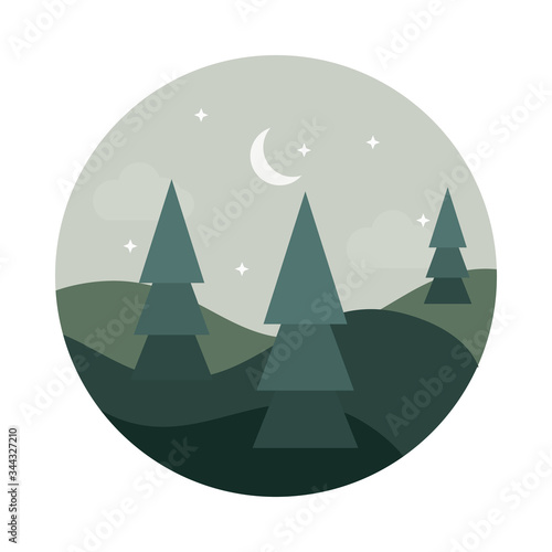 landscape nature trees hills half moon stars flat style icon