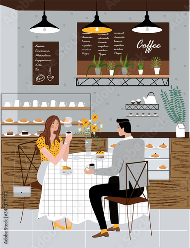 In a coffee shop. Vector cute, romantic illustration, with a guy and a girl on a date, for cards, print, book, booklet, magazine, business.