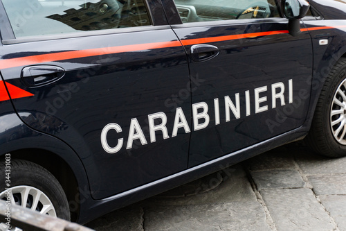 Carabinieri sign on a Italian police car in Florence, Tuscany, Italy, Europe