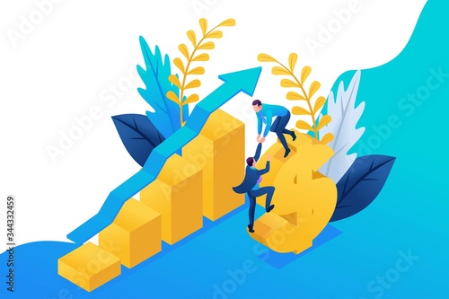 Isometric success of investments, businessmen successfully invest money. Concept for web design