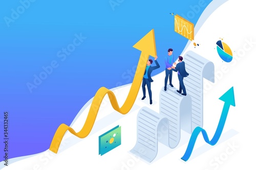 Isometric data collection agreement, businessmen collect information. Concept for web design