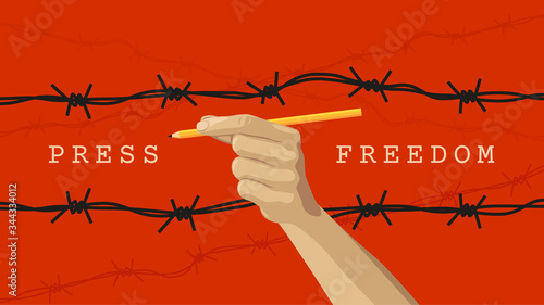 Detailed flat vector illustration of a hand holding a pen between layers of barbed wires. World Press Freedom Day. Feel free to use only parts of the illustration too.