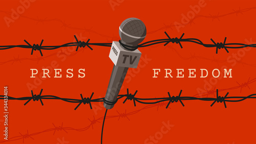 Detailed flat vector illustration of a microphone tangled in barbed wires. World Press Freedom Day. Feel free to use only parts of the illustration too.