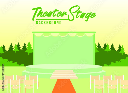 Green Concert stage. Forest background. Theater Flat Vector Illustration. Web vector illustration. Vector Background.