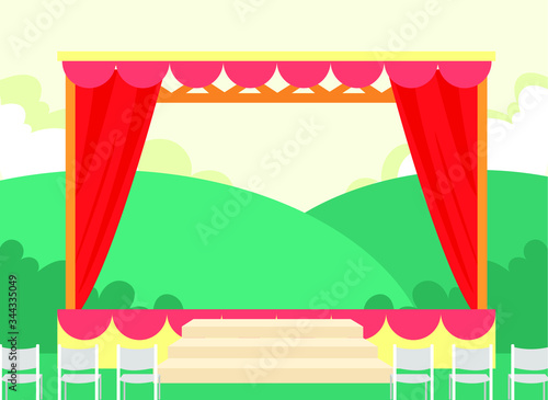 Red Concert stage with red curtain. Forest background. Theater Flat Vector Illustration. Web vector illustration. Vector Background.