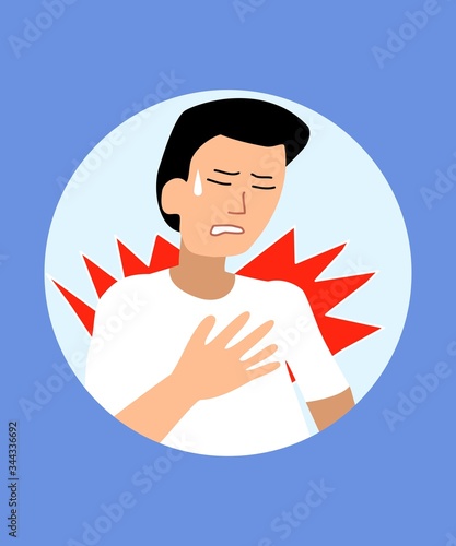 It hurts a man. Vector illustration on a medical theme. Heart attack. Pneumonia. A man clings to his chest with his hand. When the heart and lungs hurt.