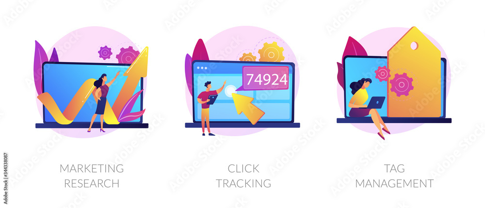 Online analytics icons set. Social network business development, strategy building. Marketing research, click tracking, tag management metaphors. Vector isolated concept metaphor illustrations.