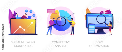 Internet advertisement analytics icons set. SEO solutions search. Social network monitoring, competitive analysis, copy optimization metaphors. Vector isolated concept metaphor illustrations.
