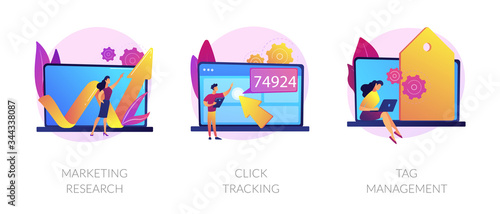 Online analytics icons set. Social network business development, strategy building. Marketing research, click tracking, tag management metaphors. Vector isolated concept metaphor illustrations.