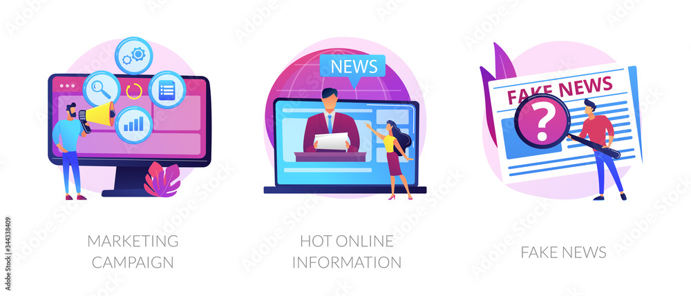 Press and mass media icons set. Propaganda newscast, untruth information spread. Yellow press, hot online information, fake news metaphors. Vector isolated concept metaphor illustrations. Press and mass media icons set. Propaganda newscast, untruth information spread. Yellow press, hot online information, fake news metaphors. Vector isolated concept metaphor illustrations.