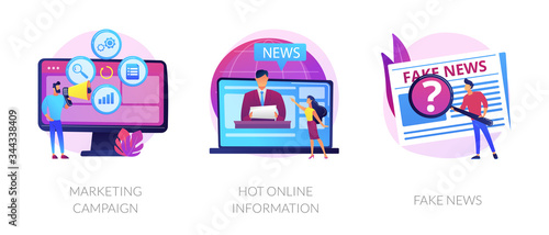 Press and mass media icons set. Propaganda newscast, untruth information spread. Yellow press, hot online information, fake news metaphors. Vector isolated concept metaphor illustrations.