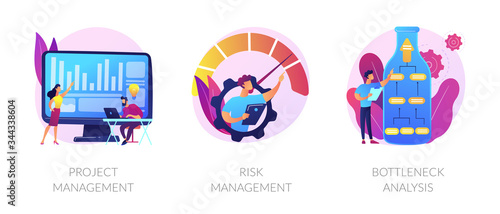 Business setting strategy icons set. Risks assessment, market niche search. Project management, risk management, bottleneck analysis metaphors. Vector isolated concept metaphor illustrations.