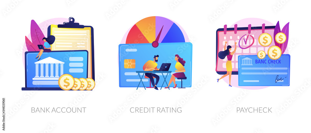 Financial services cartoon icons set. Debit card payment. Money savings, loan and deposit. Bank account, credit rating, paycheck metaphors. Vector isolated concept metaphor illustrations