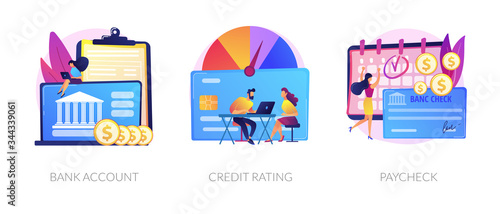 Financial services cartoon icons set. Debit card payment. Money savings, loan and deposit. Bank account, credit rating, paycheck metaphors. Vector isolated concept metaphor illustrations