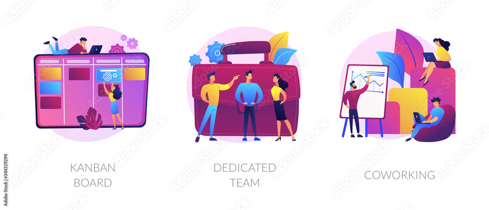 Office time management icons cartoon set. Workflow optimization. Coworkers brainstorming. Kanban board, dedicated team, coworking metaphors. Vector isolated concept metaphor illustrations Office time management icons cartoon set. Workflow optimization. Coworkers brainstorming. Kanban board, dedicated team, coworking metaphors. Vector isolated concept metaphor illustrations