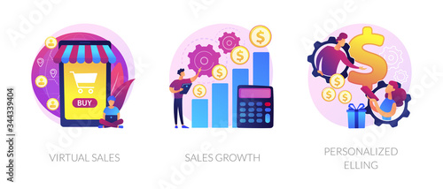 Marketing strategy planning web icons cartoon set. Commerce income analysis. Virtual sales, sales growth, personalized selling metaphors. Vector isolated concept metaphor illustrations