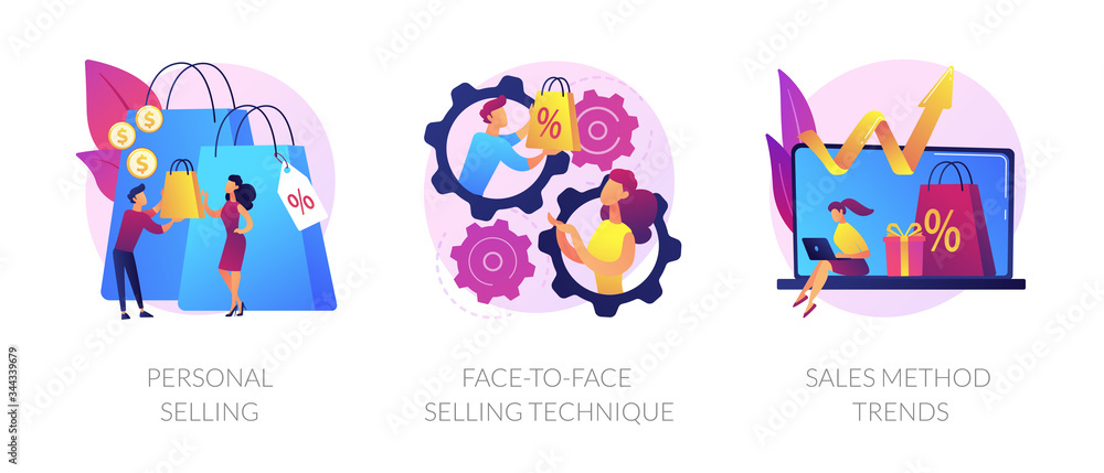 Offline shopping cartoon icons set. Store assistant and buyer character. Personal selling, face-to-face selling technique, sales method trends metaphors. Vector isolated concept metaphor illustrations