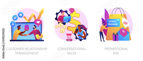 Marketing strategy icons set. Shop gifts and bonuses. Customer relationship management, conversational sales, promotional mix metaphors. Vector isolated concept metaphor illustrations