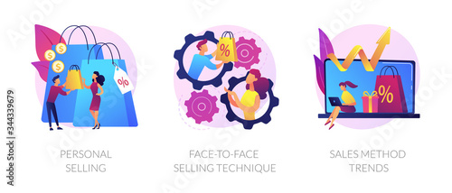 Offline shopping cartoon icons set. Store assistant and buyer character. Personal selling, face-to-face selling technique, sales method trends metaphors. Vector isolated concept metaphor illustrations