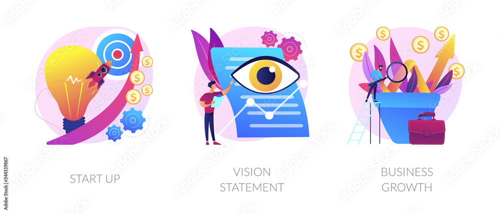 Successful project launch, corporate strategy presentation, financial development icons set. Startup, vision statement, business growth metaphors. Vector isolated concept metaphor illustrations