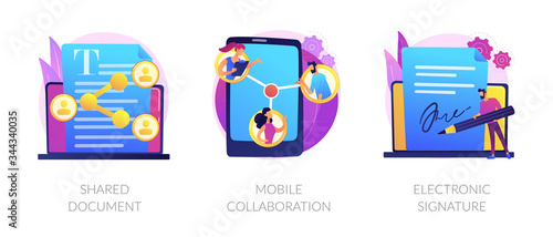Digital documentation, remote colleagues connection, contract signing icons set. Shared document, mobile collaboration, electronic signature metaphors. Vector isolated concept metaphor illustrations