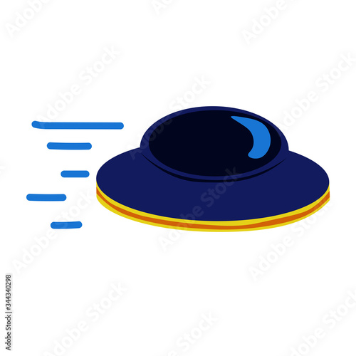 UFO flies at high speed. Vector illustration in flat style.