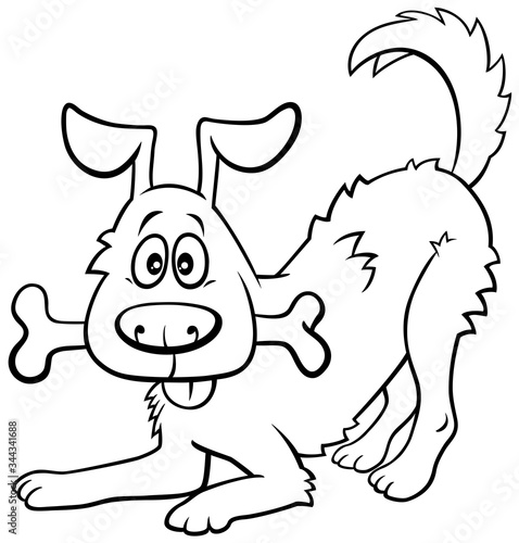 cartoon happy dog with bone coloring book page