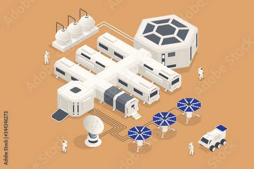 Isometric Mars Colonization, Biological terraforming, Paraterraforming, Adapting humans on Mars. Astronautics, space technology. Communication Center with Residential Compartments, Base Infrastructure