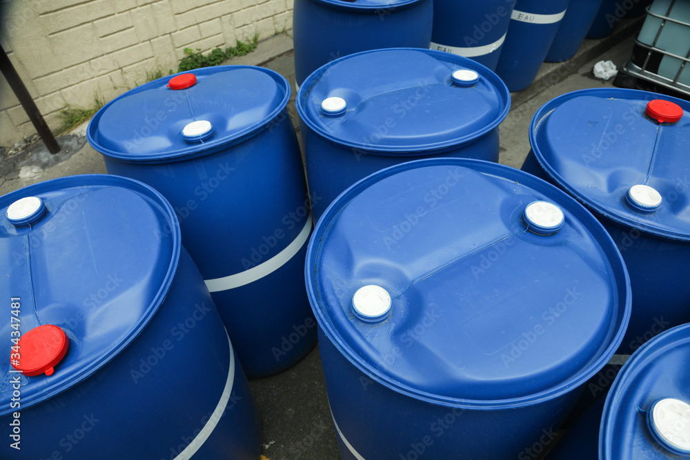 Chemical Plant, Plastic Storage Drums blue item Chemical Plant, Plastic Storage Drums blue item