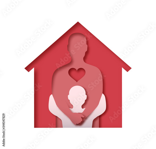 Man hugging kid in papercut house family concept