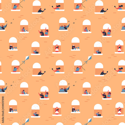 Funny people in balcony seamless pattern