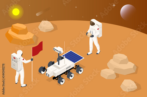 Isometric Mars Colonization, Biological terraforming, Paraterraforming, Adapting humans on Mars. Exploration of Mars. Astronaut on Mars and the rover. Study of soil and atmosphere.