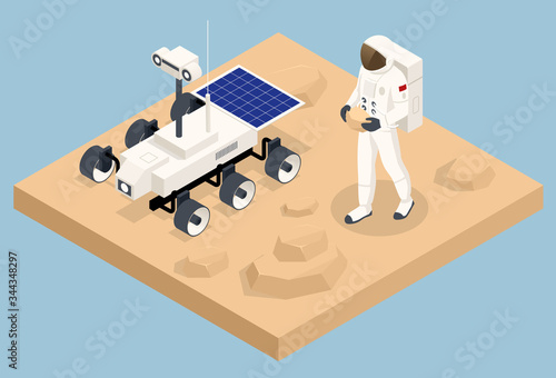Isometric Mars Colonization, Biological terraforming, Paraterraforming, Adapting humans on Mars. Exploration of Mars. Astronaut on Mars and the rover. Study of soil and atmosphere.
