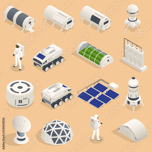 Fototapeta Naklejka Na Ścianę i Meble -  Isometric set of icons Space Equipment and Vehicles of space exploration with rockets artificial satellites, planets with Astronauts, isolated.
