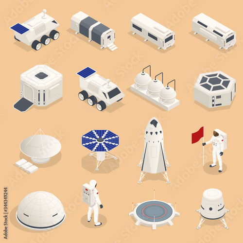 Isometric set of icons Space Equipment and Vehicles of space exploration with rockets artificial satellites, planets with Astronauts, isolated.