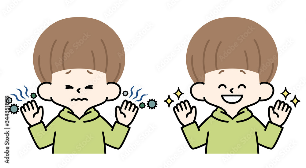 男の子-不潔な手-清潔な手