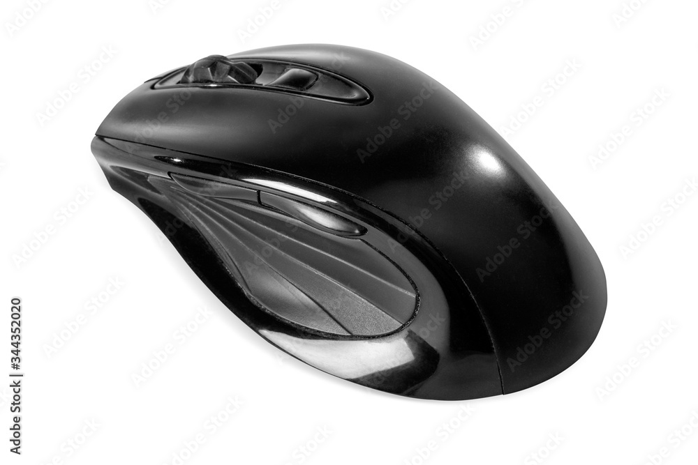 Black wireless computer mouse on white background, isolated. Black wireless computer mouse on white background, isolated.
