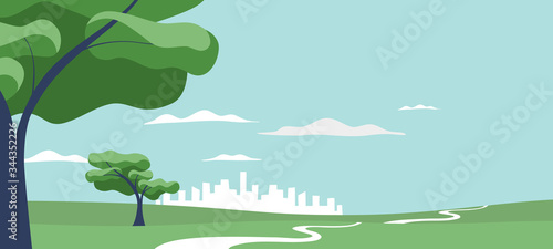 Green park and city landscape background