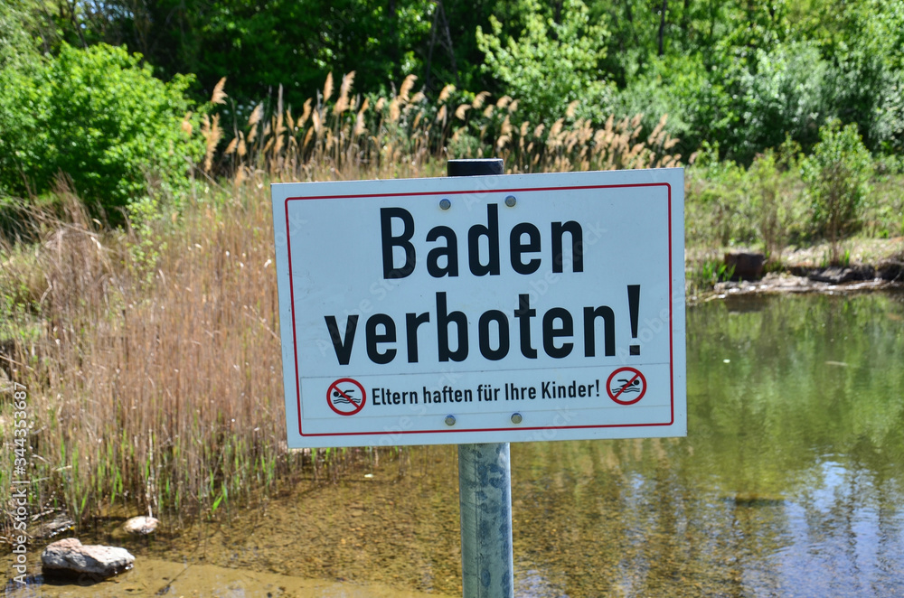 no swimming sign, pond, National Park, Hessen, Germany