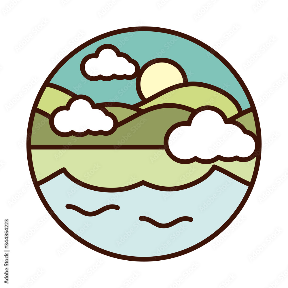 landscape nature lake sun and mountains line and fill icon landscape nature lake sun and mountains line and fill icon