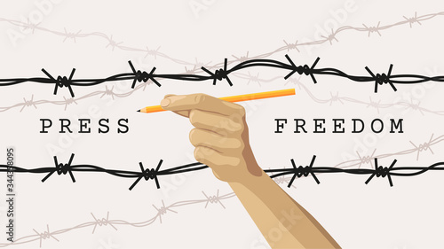 Detailed flat vector illustration of a hand holding a pen between layers of barbed wires. White background. World Press Freedom Day. Feel free to use only parts of the illustration too.